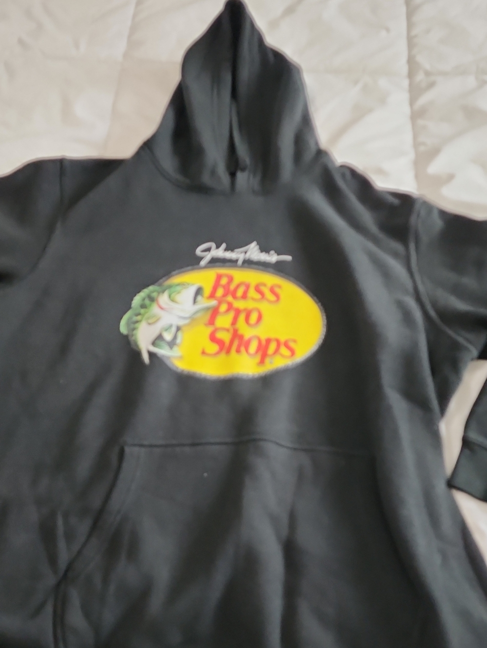 Bass Pro Shops Black Hoodie with Yellow Logo and Green Fish